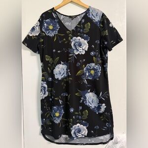 Christian Siriano NY Black Blue Floral Tunic Top XL Hi Low Moody Garden Floral